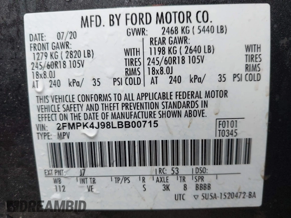 2020 Ford Edge SEL with VIN 2FMPK4J98LBB00715, listed as a IAAI auction lot 41698436 with 49,715 mi miles. Bid and sale history available at carsss.com. Image 9.