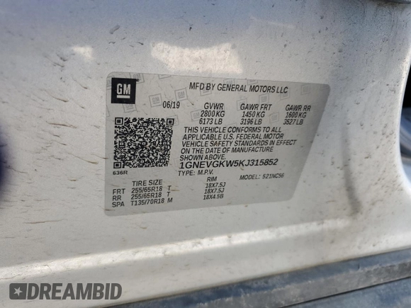 2019 Chevrolet Traverse LT Cloth with VIN 1GNEVGKW5KJ315852, listed as a Copart auction lot 52023575 with 58,725 mi miles and Salvage Title. Bid and sale history available at carsss.com. Image 13.