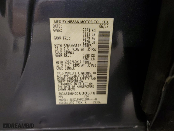 2012 Nissan Pathfinder S with VIN 5N1AR1NB4CC630578, listed as a Copart auction lot 52335705 with 156,977 mi miles and Salvage Title. Bid and sale history available at carsss.com. Image 13.