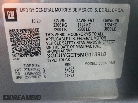 2021 Chevrolet Silverado 1500 LTZ with VIN 3GCUYGET5MG113918, listed as a Copart auction lot 75355524 with Not Provided miles and Non Repairable. Bid and sale history available at DreamBid. Image 12.