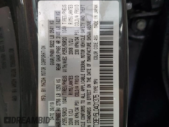 2020 Mazda CX-9 Signature with VIN JM3TCBEY5L0401375, listed as a Copart auction lot 68245914 with 46,875 mi miles and Salvage Title. Bid and sale history available at carsss.com. Image 13.