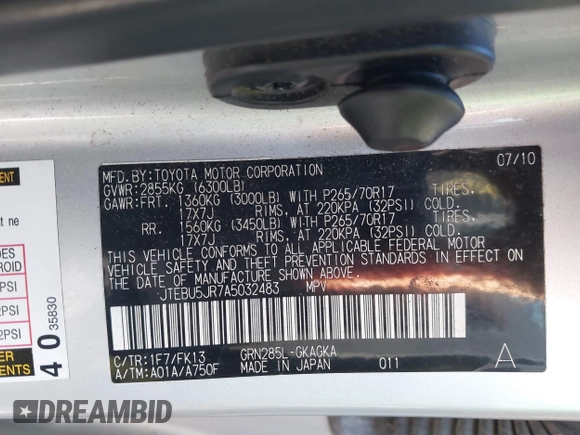 2010 Toyota 4Runner Trail with VIN JTEBU5JR7A5032483, listed as a IAAI auction lot 41377534 with 183,949 mi miles and . Bid and sale history available at DreamBid. Image 9.