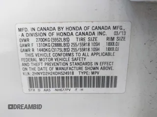 2013 Acura MDX with VIN 2HNYD2H24DH524918, listed as a IAAI auction lot 42602735 with Not provided miles and . Bid and sale history available at DreamBid. Image 9.