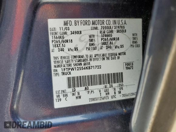 2004 Ford F-150 XLT z VIN 1FTPW12554KB71722, wystawiony jako Copart lot #58470185 z przebiegiem 200 095 mil mil oraz Szkoda całkowita • Salvage title. Historia ofert i sprzedaży dostępna na DreamBid. Obrazek 12.