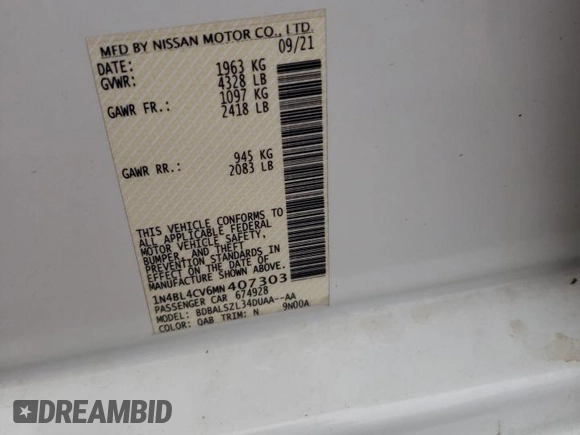 2021 Nissan Altima 2.5 SR with VIN 1N4BL4CV6MN407303, listed as a Copart auction lot 50804115 with 83,963 mi miles and Salvage Title. Bid and sale history available at carsss.com. Image 12.