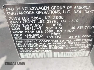 2022 Volkswagen Atlas SE with VIN 1V2KP2CA6NC524326, listed as a IAAI auction lot 42546660 with 37,406 mi miles and . Bid and sale history available at DreamBid. Image 9.