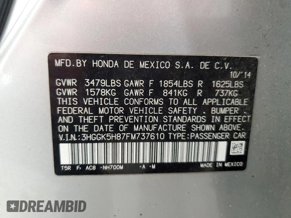 2015 Honda Fit EX-L with VIN 3HGGK5H87FM737610, listed as a Copart auction lot 62466515 with 103,454 mi miles and Salvage title. Bid and sale history available at DreamBid. Image 13.