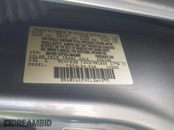 2012 Nissan Versa S with VIN 3N1BC1CPXCL364399, listed as a IAAI auction lot 41698536 with 258,701 mi miles. Bid and sale history available at carsss.com. Image 9.