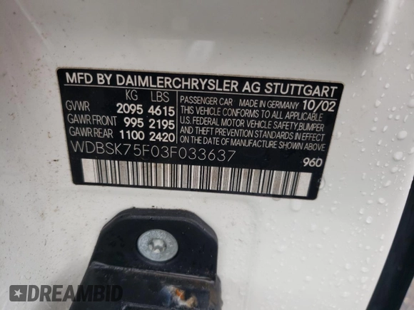 2003 Mercedes-Benz SL 500 z VIN WDBSK75F03F033637, wystawiony jako Copart lot #55441235 z przebiegiem Nie podano mil oraz Szkoda całkowita • Salvage title. Historia ofert i sprzedaży dostępna na DreamBid. Obrazek 12.