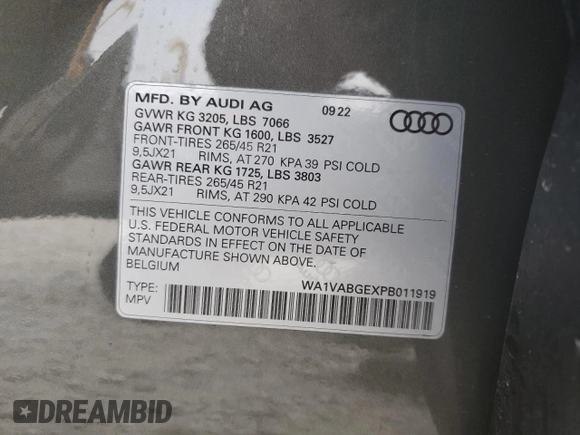 2023 Audi e-tron Chronos with VIN WA1VABGEXPB011919, listed as a Copart auction lot 50813874 with 23,492 mi miles and . Bid and sale history available at DreamBid. Image 12.