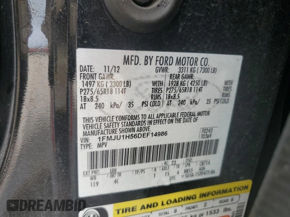 2013 Ford Expedition XLT z VIN 1FMJU1H56DEF14986, wystawiony jako Copart lot #59892425 z przebiegiem 94 726 mil mil oraz Szkoda całkowita • Salvage title. Historia ofert i sprzedaży dostępna na DreamBid. Obrazek 13.