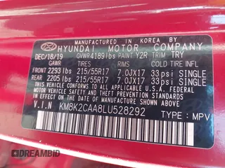 2020 Hyundai Kona SEL with VIN KM8K2CAA8LU528292, listed as a IAAI auction lot 41584654 with 57,857 mi miles. Bid and sale history available at carsss.com. Image 9.