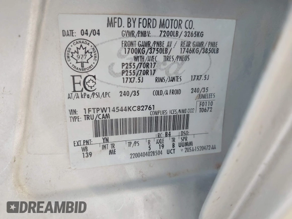 2004 Ford F-150 XLT с VIN 1FTPW14544KC82761, выставлен на аукционе IAAI как лот 42281320 с пробегом 147 381 миль миль и . История ставок и продаж доступна на DreamBid. Изображение 9.