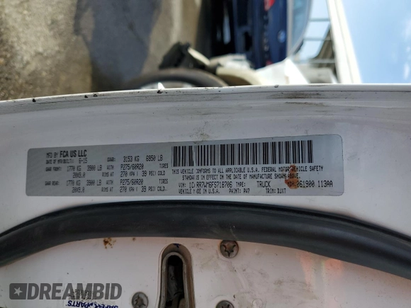2015 Ram 1500 Laramie Limited with VIN 1C6RR7WM6FS718706, listed as a Copart auction lot 44722145 with Not provided miles and Salvage title. Bid and sale history available at DreamBid. Image 13.