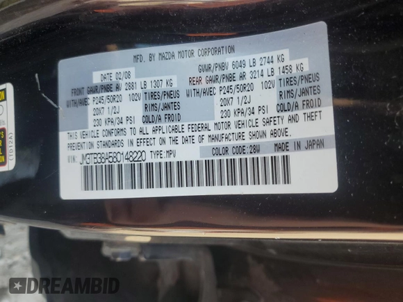 2008 Mazda CX-9 Grand Touring with VIN JM3TB38A580148220, listed as a Copart auction lot 51613295 with 177,113 mi miles and Clean Title. Bid and sale history available at DreamBid. Image 13.