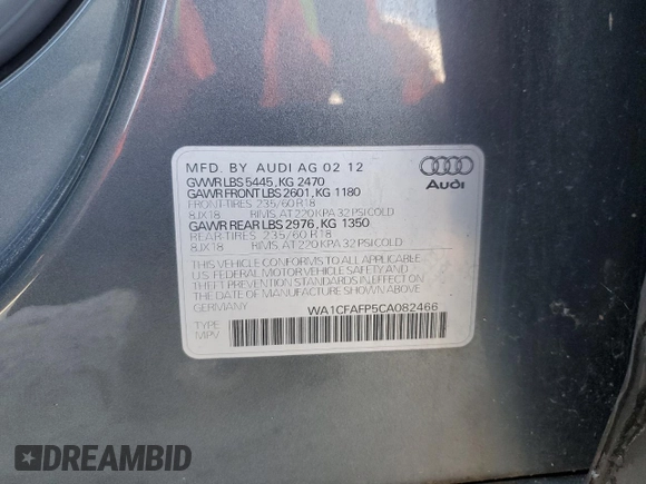 2012 Audi Q5 Premium with VIN WA1CFAFP5CA082466, listed as a Copart auction lot 86595754 with 50,622 mi miles and Salvage title. Bid and sale history available at DreamBid. Image 13.