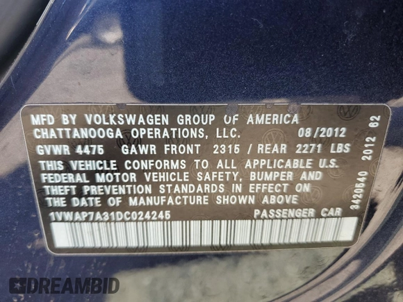 2013 Volkswagen Passat Wolfsburg Edition z VIN 1VWAP7A31DC024245, wystawiony jako Copart lot #55263335 z przebiegiem 197 379 mil mil oraz Czysty tytuł • Clean title. Historia ofert i sprzedaży dostępna na DreamBid. Obrazek 12.