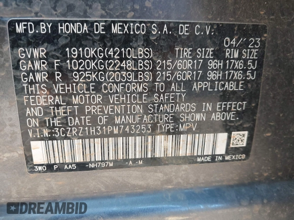 2023 Honda HR-V LX with VIN 3CZRZ1H31PM743253, listed as a IAAI auction lot 42049612 with Not provided miles and . Bid and sale history available at DreamBid. Image 9.