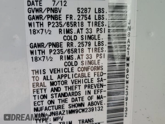 2012 Nissan Murano SL z VIN JN8AZ1MW9CW239132, wystawiony jako Copart lot #55807335 z przebiegiem 128 967 mil mil oraz Szkoda całkowita • Salvage title. Historia ofert i sprzedaży dostępna na DreamBid. Obrazek 12.