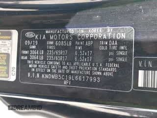 2020 Kia Sedona EX with VIN KNDMB5C19L6617993, listed as a IAAI auction lot 39711859 with 66,083 mi miles. Bid and sale history available at carsss.com. Image 9.