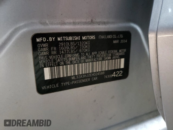 2014 Mitsubishi Mirage DE with VIN ML32A3HJ2EH024588, listed as a Copart auction lot 55888545 with 81,116 mi miles and Clean title. Bid and sale history available at DreamBid. Image 12.