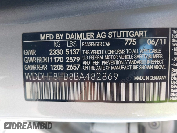 2011 Mercedes-Benz E 350 Luxury with VIN WDDHF8HB8BA482869, listed as a IAAI auction lot 42263938 with 86,310 mi miles and . Bid and sale history available at DreamBid. Image 9.