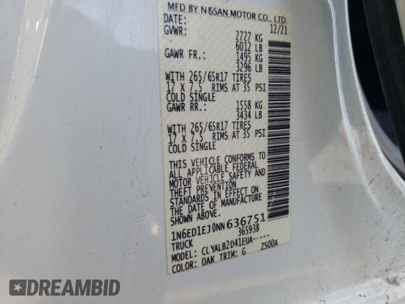 2022 Nissan Frontier Pro-X with VIN 1N6ED1EJ0NN636751, listed as a Copart auction lot 61053585 with 68,222 mi miles and Salvage title. Bid and sale history available at DreamBid. Image 12.