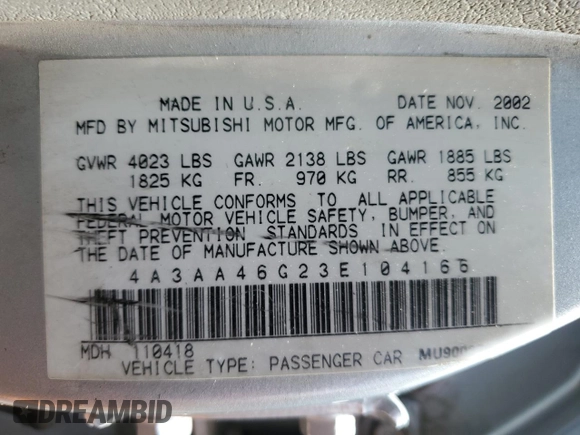 2003 Mitsubishi Galant ES z VIN 4A3AA46G23E104166, wystawiony jako Copart lot #55272055 z przebiegiem 160 653 mil mil oraz Szkoda całkowita • Salvage title. Historia ofert i sprzedaży dostępna na DreamBid. Obrazek 12.