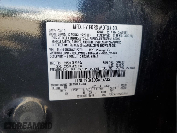 2013 Lincoln MKS z VIN 1LNHL9EK2DG615733, wystawiony jako Copart lot #68223794 z przebiegiem 402 495 mil mil oraz Szkoda całkowita • Salvage title. Historia ofert i sprzedaży dostępna na DreamBid. Obrazek 12.
