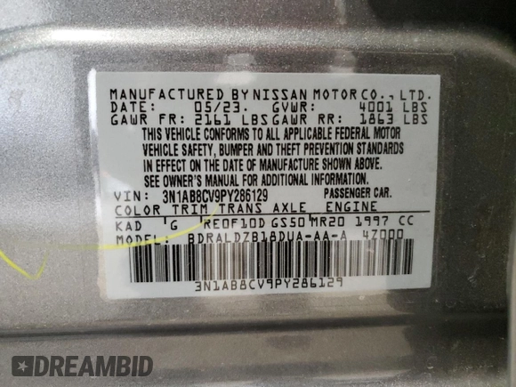 2023 Nissan Sentra SV with VIN 3N1AB8CV9PY286129, listed as a Copart auction lot 53492715 with 20,853 mi miles and Salvage Title. Bid and sale history available at DreamBid. Image 12.