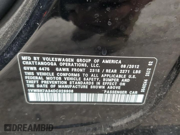2013 Volkswagen Passat SE z VIN 1VWBH7A34DC028906, wystawiony jako Copart lot #58210265 z przebiegiem 294 953 mil mil oraz Szkoda całkowita • Salvage title. Historia ofert i sprzedaży dostępna na DreamBid. Obrazek 12.