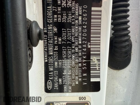 2013 Kia Sorento LX with VIN 5XYKT4A27DG420670, listed as a Copart auction lot 54378555 with 171,229 mi miles and Clean Title. Bid and sale history available at carsss.com. Image 10.