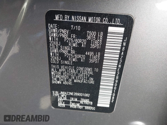 2011 Infiniti QX56 7-passenger with VIN JN8AZ2NE2B9001082, listed as a IAAI auction lot 42099158 with 219,685 mi miles and . Bid and sale history available at DreamBid. Image 9.