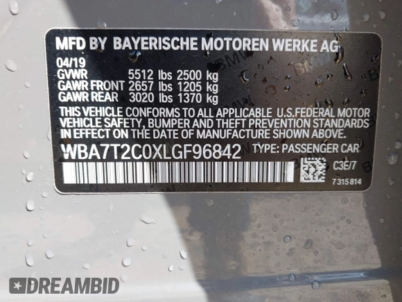 2020 BMW 7 Series 740i с VIN WBA7T2C0XLGF96842, выставлен на аукционе IAAI как лот 42230866 с пробегом 60 664 миль миль и . История ставок и продаж доступна на DreamBid. Изображение 9.