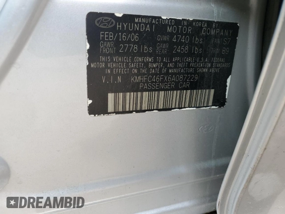 2006 Hyundai Azera SE with VIN KMHFC46FX6A087229, listed as a Copart auction lot 58816365 with Not provided miles and Non repairable. Bid and sale history available at DreamBid. Image 12.