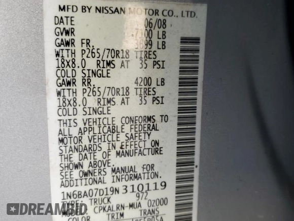2009 Nissan Titan SE with VIN 1N6BA07D19N310119, listed as a Copart auction lot 47060995 with 293,195 mi miles and Clean Title. Bid and sale history available at carsss.com. Image 12.