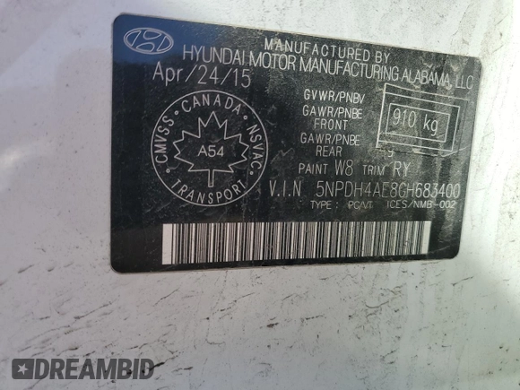 2016 Hyundai Elantra SE with VIN 5NPDH4AE8GH683400, listed as a Copart auction lot 51216025 with 179,569 mi miles and Salvage title. Bid and sale history available at DreamBid. Image 12.