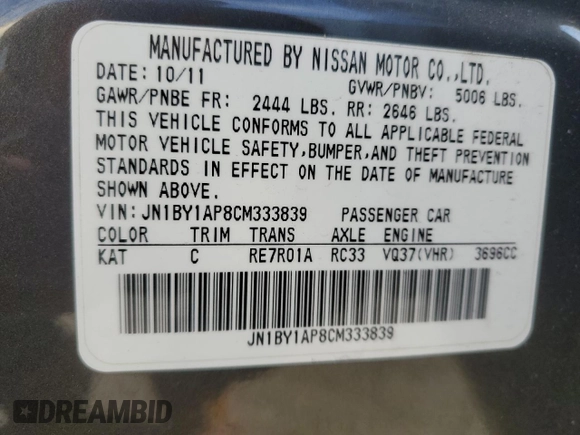2012 Infiniti M37 with VIN JN1BY1AP8CM333839, listed as a Copart auction lot 84052134 with 121,979 mi miles and Salvage Title. Bid and sale history available at carsss.com. Image 14.