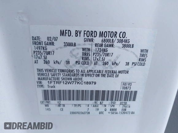 2007 Ford F-150 XL with VIN 1FTRF12W77KC18979, listed as a IAAI auction lot 41698981 with 114,271 mi miles. Bid and sale history available at carsss.com. Image 9.