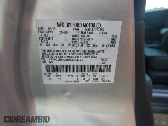 2009 Ford Escape Limited with VIN 1FMCU94G89KD04722, listed as a Copart auction lot 62351035 with 224,353 mi miles and Salvage title. Bid and sale history available at DreamBid. Image 13.