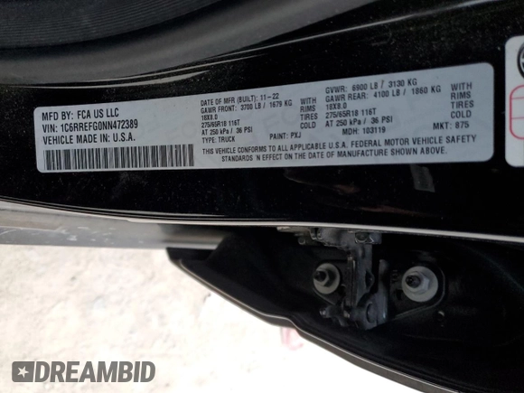2022 Ram 1500 Big Horn with VIN 1C6RREFG0NN472389, listed as a Copart auction lot 86263364 with 37,083 mi miles and Salvage title. Bid and sale history available at DreamBid. Image 14.