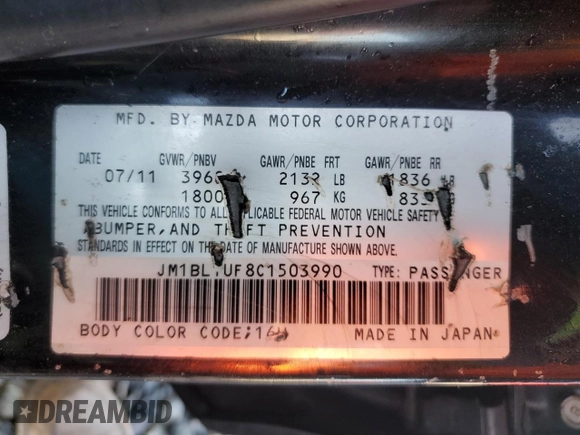 2012 Mazda 3 i Sport with VIN JM1BL1UF8C1503990, listed as a Copart auction lot 56479775 with 105,702 mi miles and Salvage Title. Bid and sale history available at DreamBid. Image 13.