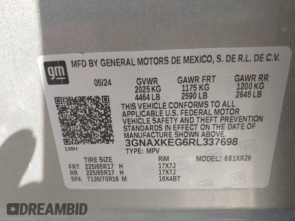2024 Chevrolet Equinox LT z VIN 3GNAXKEG6RL337698, wystawiony jako IAAI lot #42489587 z przebiegiem 27 863 mil mil oraz . Historia ofert i sprzedaży dostępna na DreamBid. Obrazek 9.