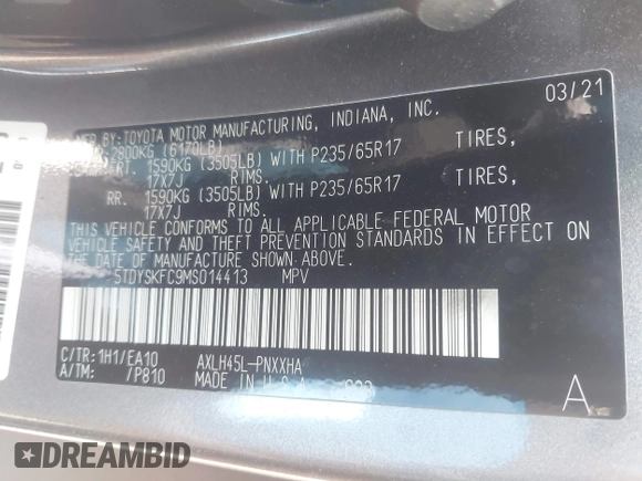 2021 Toyota Sienna XLE with VIN 5TDYSKFC9MS014413, listed as a IAAI auction lot 42449852 with 111,712 mi miles and . Bid and sale history available at DreamBid. Image 9.