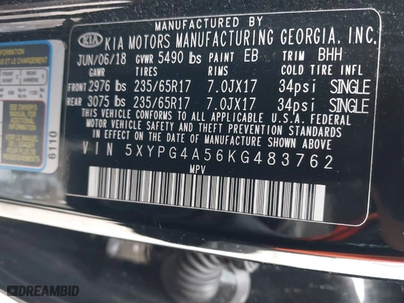 2019 Kia Sorento LX V6 with VIN 5XYPG4A56KG483762, listed as a IAAI auction lot 41334687 with NaN miles. Bid and sale history available at carsss.com. Image 9.