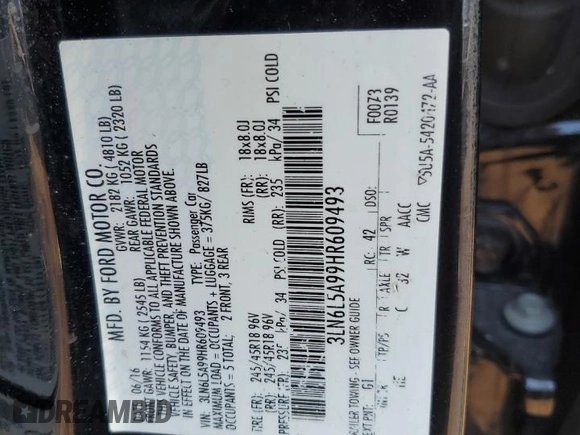 2017 Lincoln MKZ Premiere with VIN 3LN6L5A99HR609493, listed as a Copart auction lot 48124975 with 91,997 mi miles and Salvage Title. Bid and sale history available at DreamBid. Image 12.