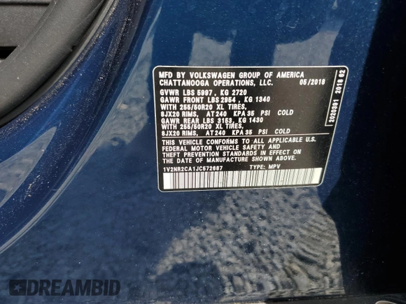 2018 Volkswagen Atlas SEL Premium with VIN 1V2NR2CA1JC572687, listed as a Copart auction lot 55915415 with 75,737 mi miles and Salvage title. Bid and sale history available at DreamBid. Image 13.