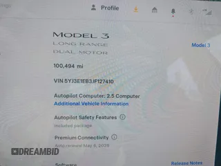 2018 Tesla Model 3 Long Range Battery z VIN 5YJ3E1EB3JF127410, wystawiony jako IAAI lot #41994858 z przebiegiem 100 494 mil mil oraz . Historia ofert i sprzedaży dostępna na DreamBid. Obrazek 7.