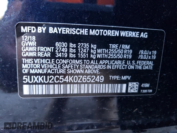 2019 BMW X6 xDrive35i with VIN 5UXKU2C54K0Z65249, listed as a Copart auction lot 72795923 with 46,054 mi miles. Bid and sale history available at carsss.com. Image 14.
