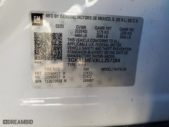 2020 GMC Terrain SLE with VIN 3GKALMEVXLL257184, listed as a Copart auction lot 46069415 with 56,226 mi miles and Salvage Title. Bid and sale history available at carsss.com. Image 13.